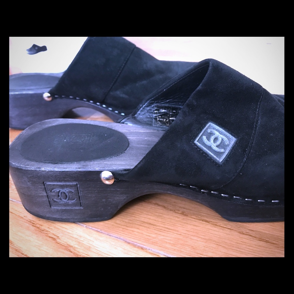 Chanel black suede clogs